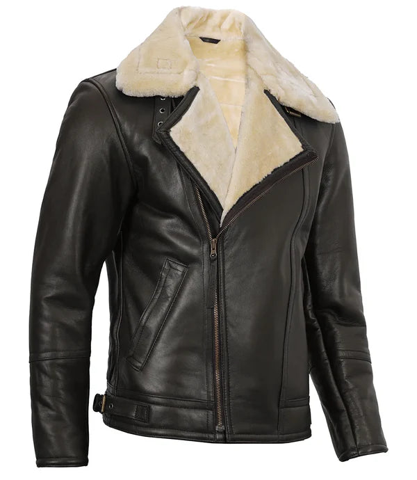 Mens Dark Brown Asymmetrical Leather Shearling Jacket