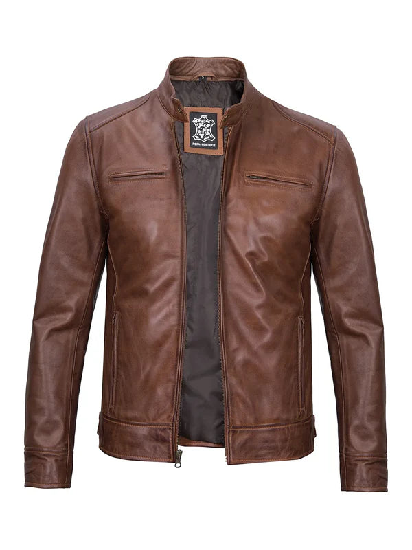 Dodge Men's Cognac Cafe Racer Leather Jacket
