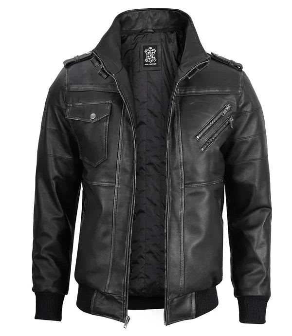 Men's Bomber Dark Grey Leather Jacket with Removable Hood