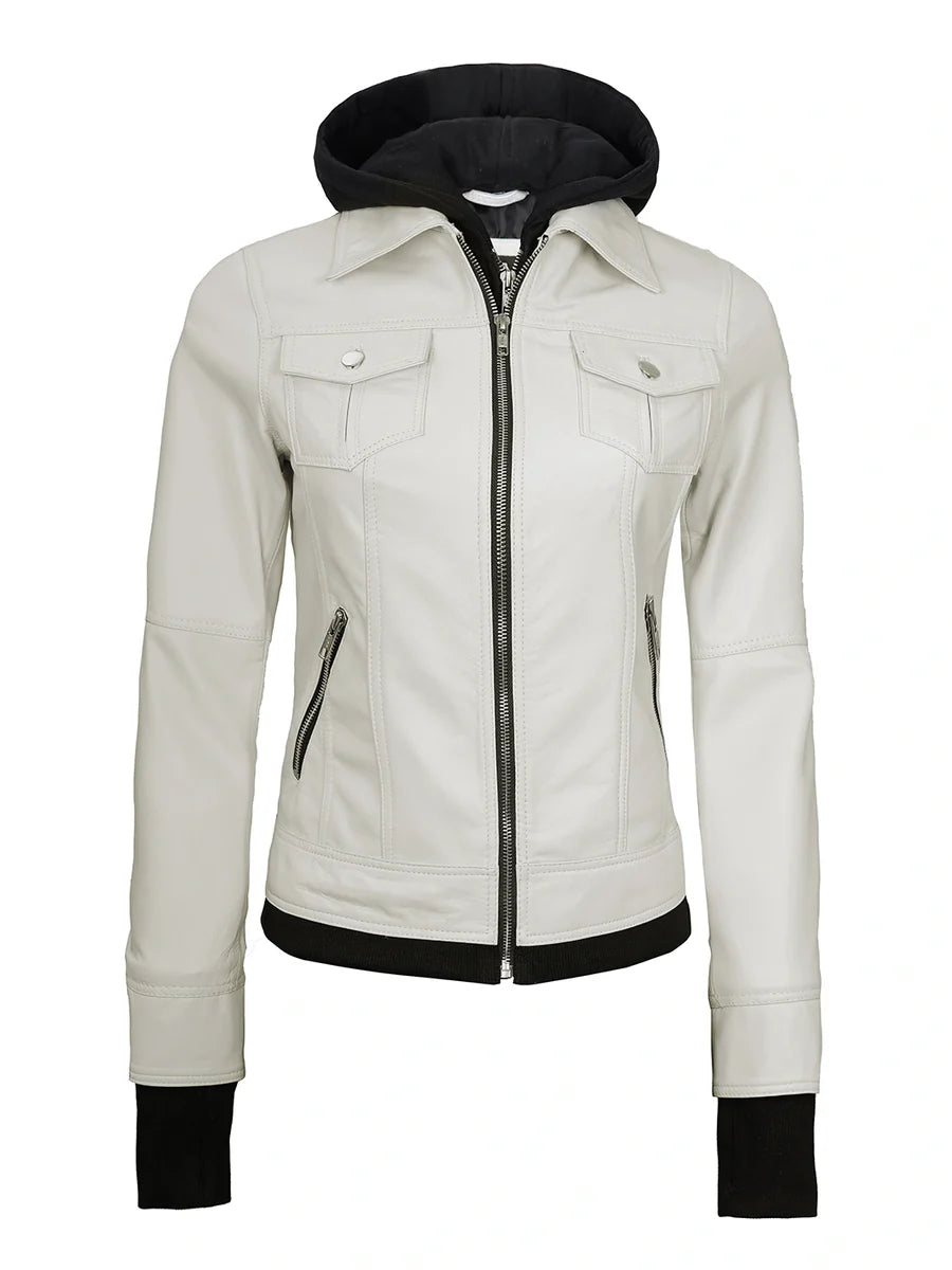 Womens Off White Biker Style Leather Jacket with Hood