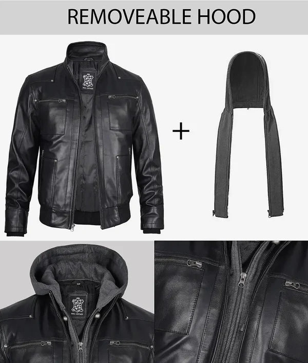 Mens Black Bomber Leather Jacket with Removable Hood