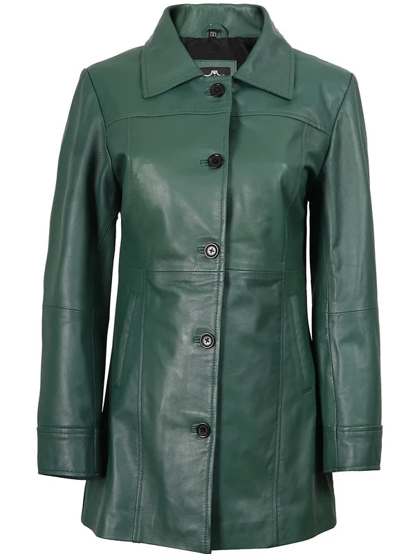 Kandis Women's Green Real Leather Car Coat