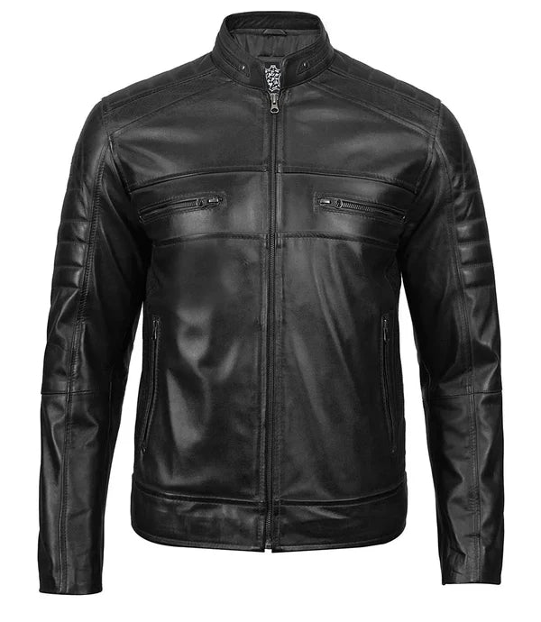Austin Mens Black Cafe Racer Real Leather Jacket