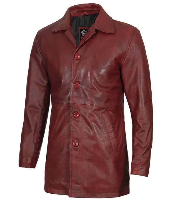 Mens Burgundy Real Lambskin Leather Car Coat