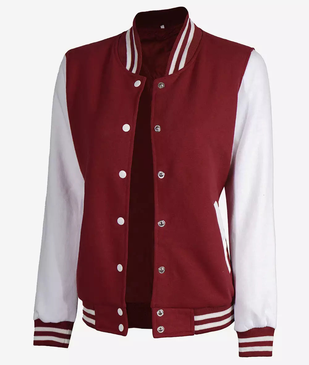 Womens Maroon Varsity Jacket with White Sleeves - Baseball Style Jacket