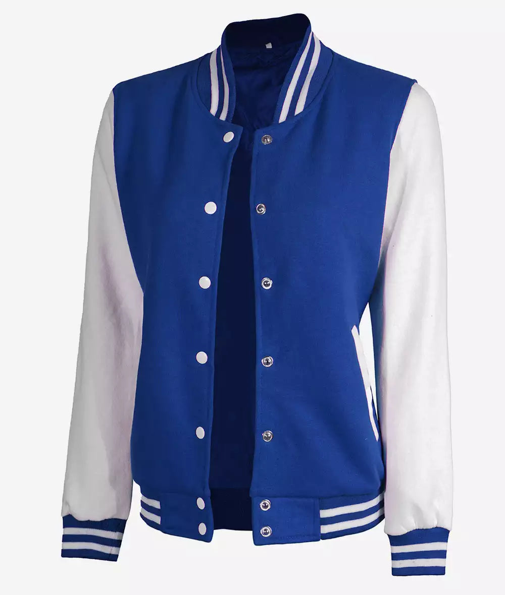 Women’s White and Royal Blue Varsity Jacket – Baseball Style Bomber