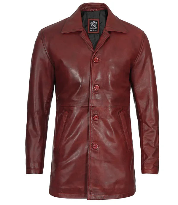 Mens Burgundy Real Lambskin Leather Car Coat