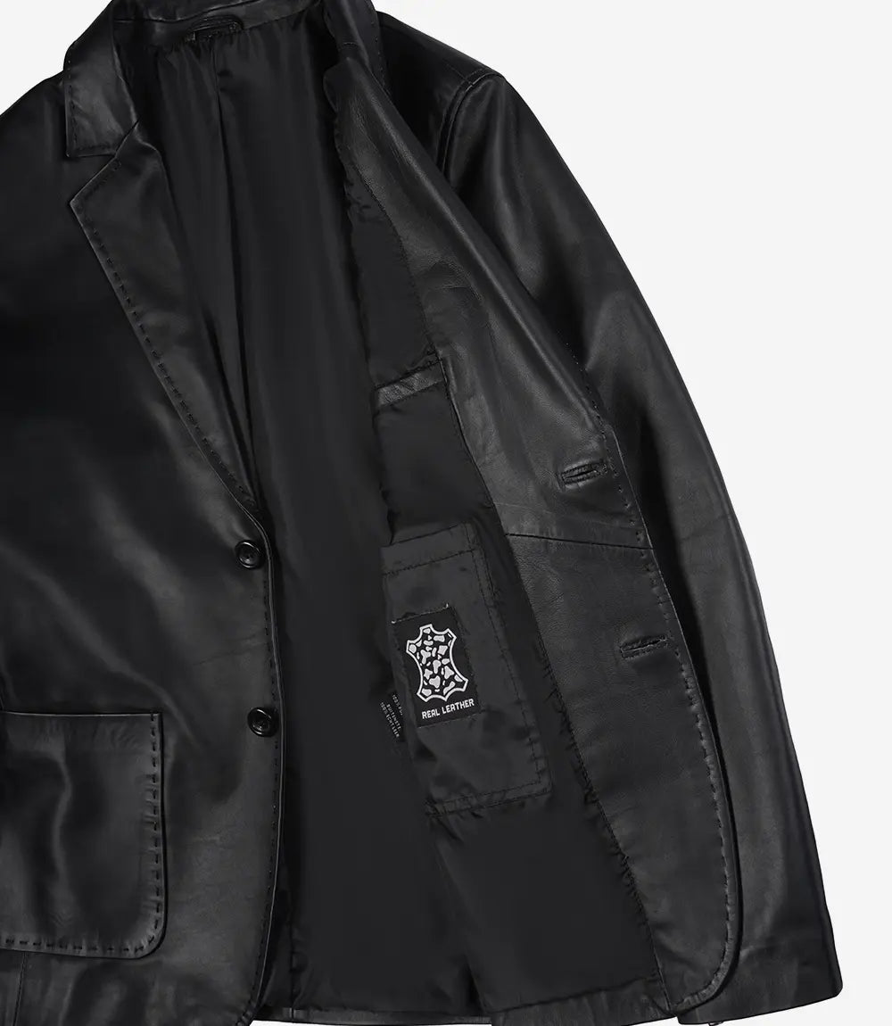 Mens Two Button Black Leather Blazer - Notch Lapel