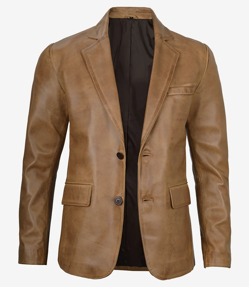 Mens Two Button Camel Brown Leather Blazer