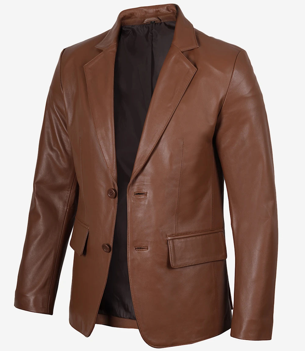 Mens Exclusive Two Button Real Leather Cognac Blazer
