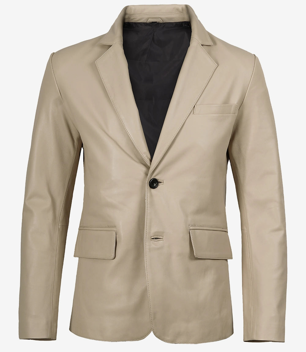 Mens Two Button Beige Leather Blazer - Notch Lapel