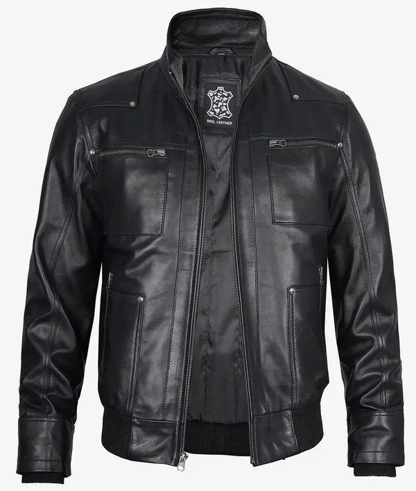 Mens Black Bomber Leather Jacket with Removable Hood