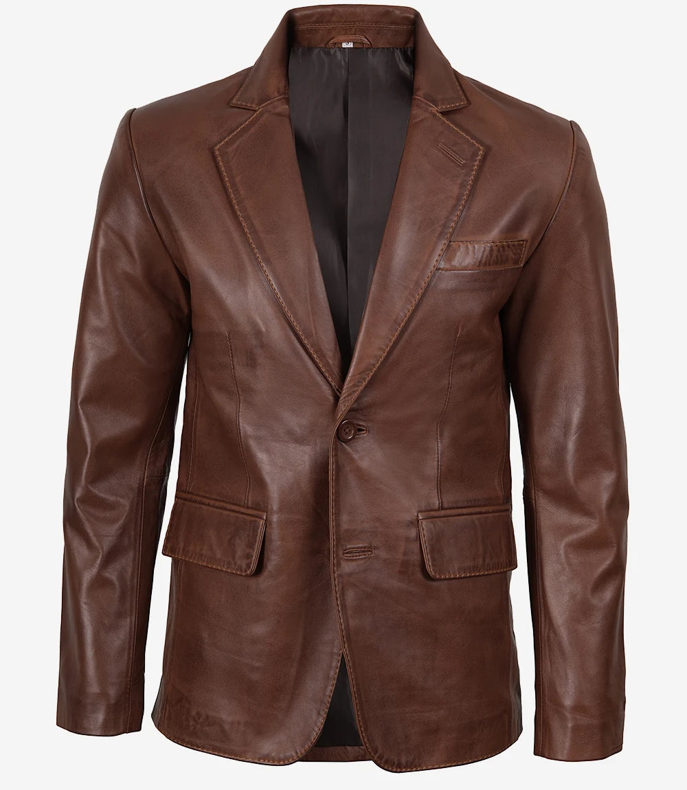 Mens Two Button Cognac Waxed Leather Blazer - Notch Lapel