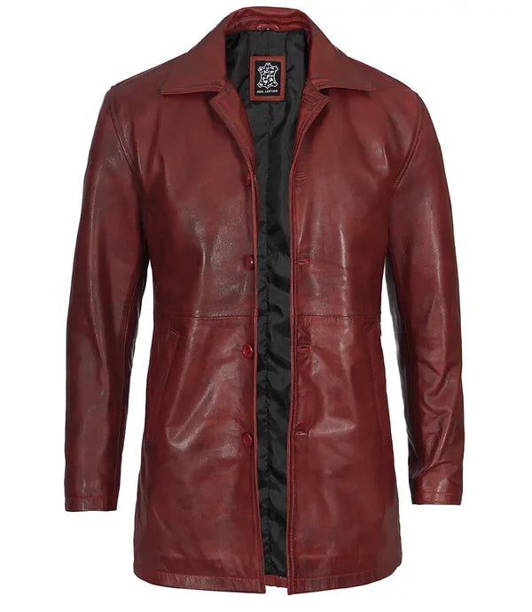 Mens Burgundy Real Lambskin Leather Car Coat