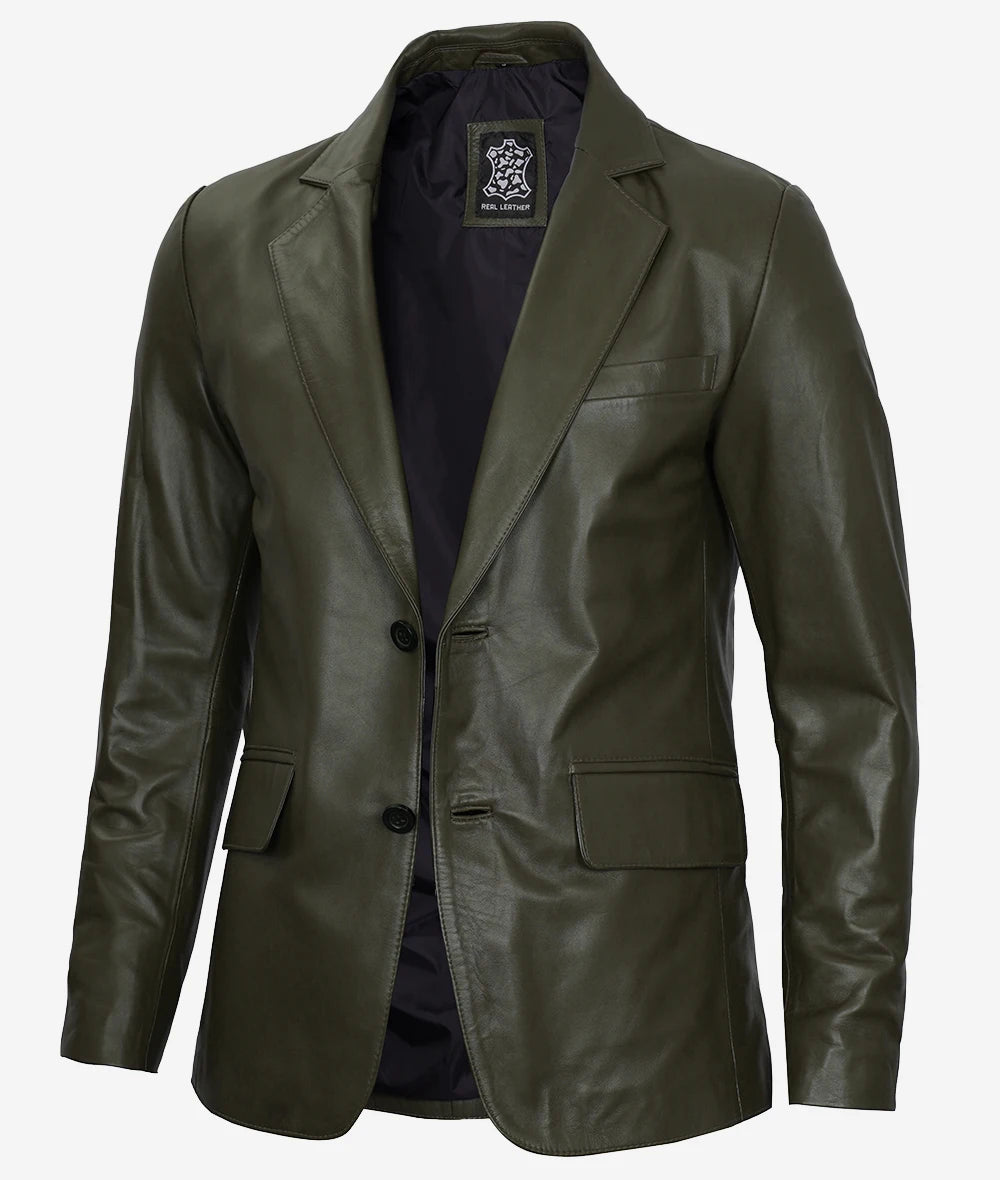 Mens Two Button Olive Green Leather Blazer