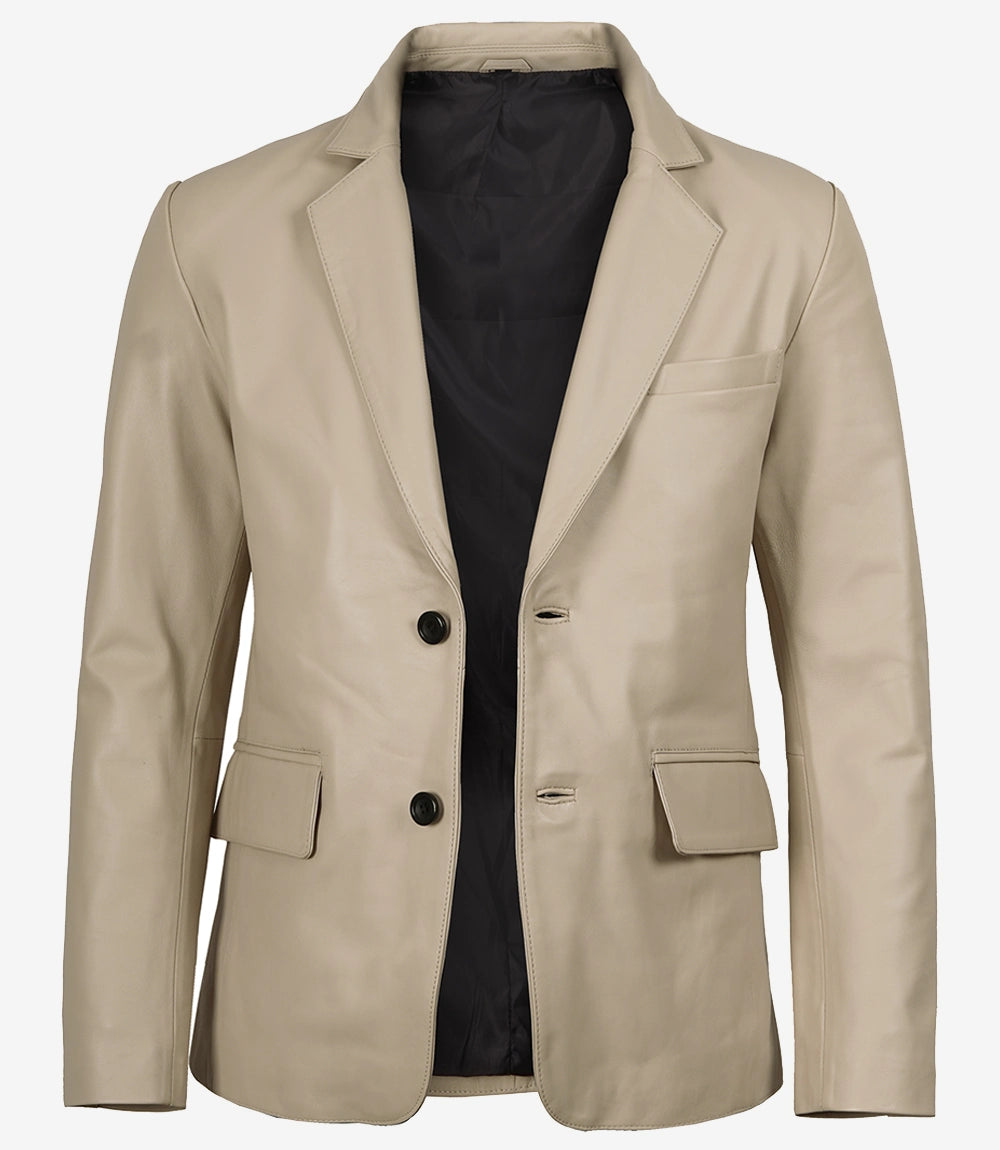 Mens Two Button Beige Leather Blazer - Notch Lapel