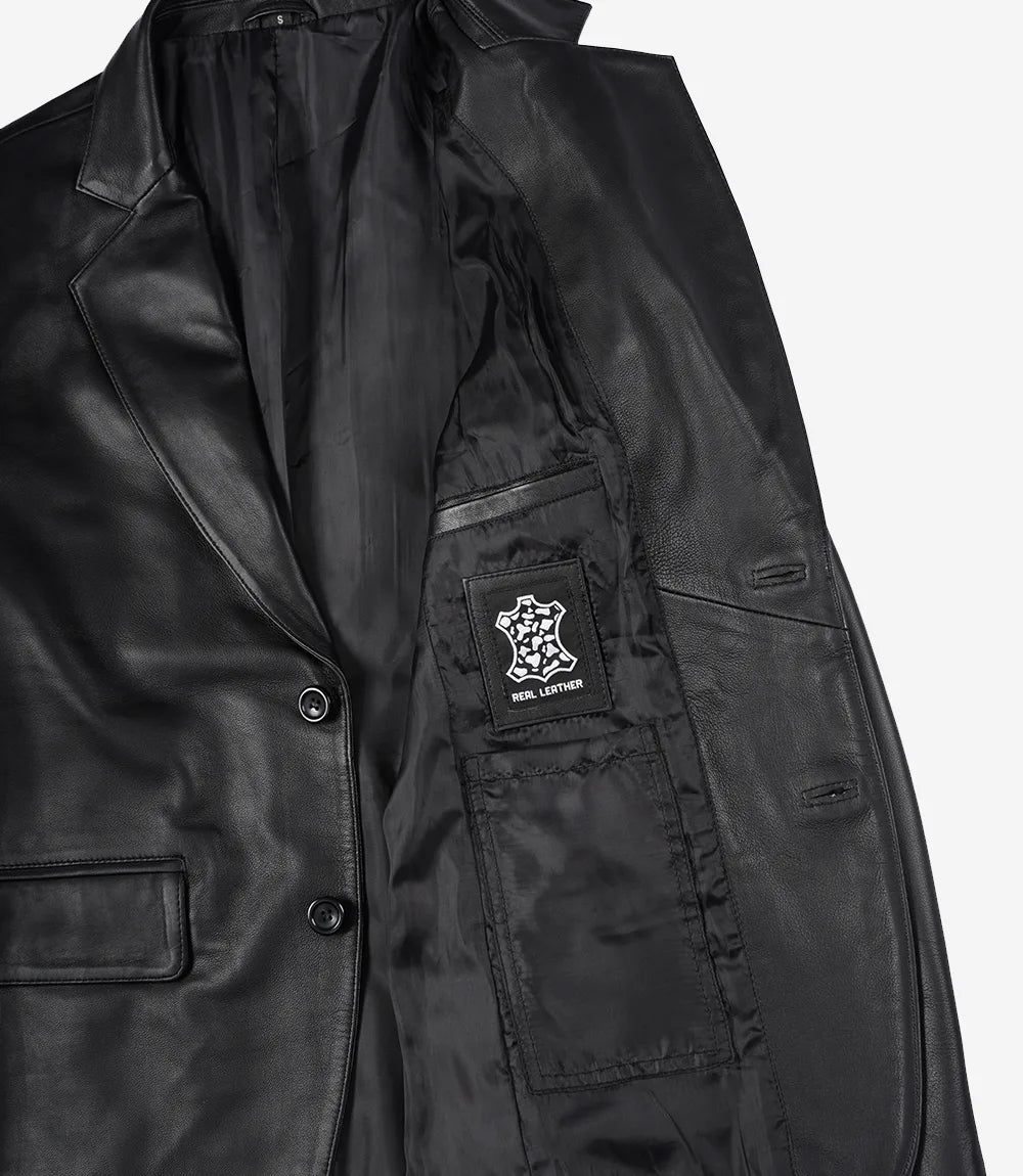 Mens Two Button Black Leather Blazer - Notch Lapel
