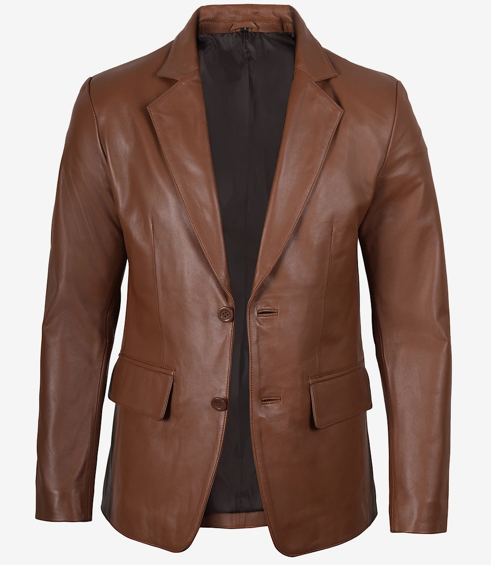 Mens Exclusive Two Button Real Leather Cognac Blazer