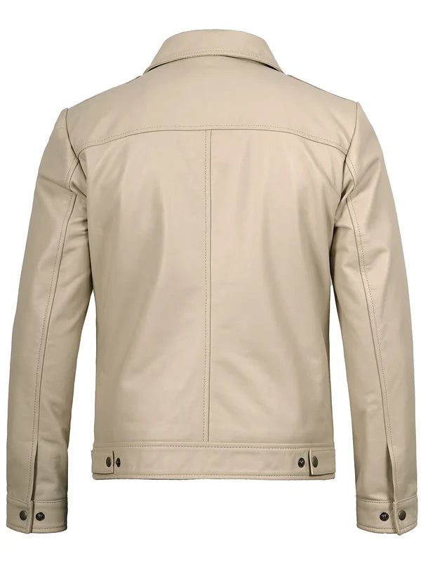 Men's Beige Real Leather Harrington Jacket