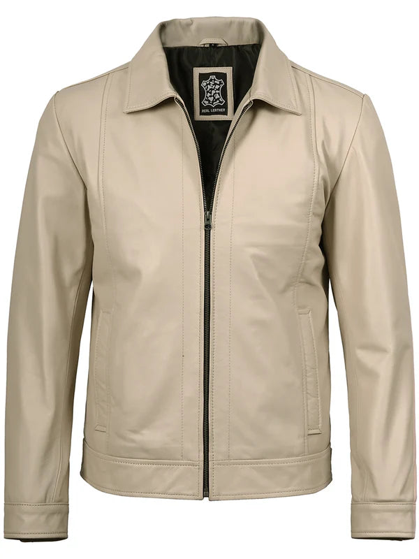 Men's Beige Real Leather Harrington Jacket