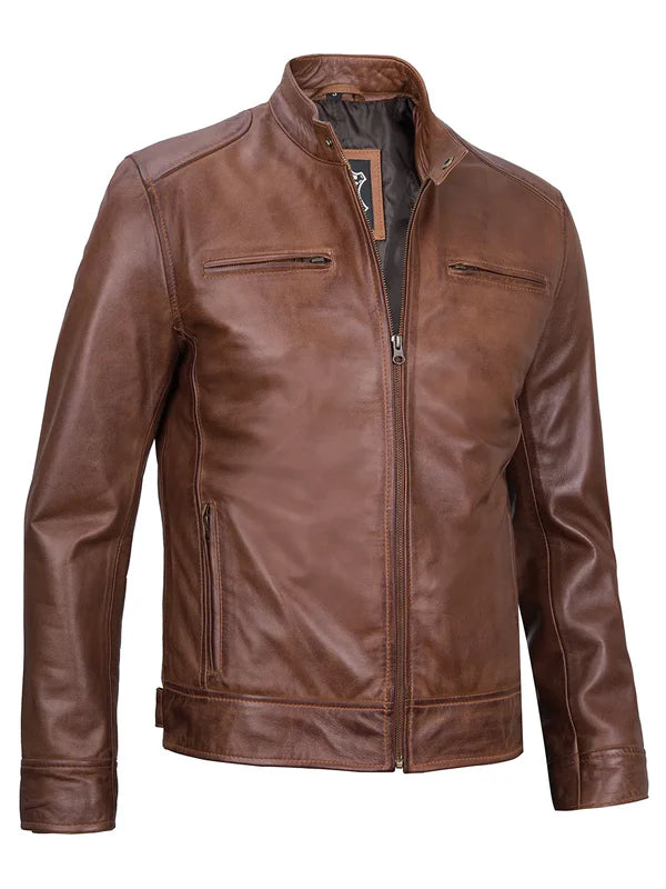 Dodge Men's Cognac Cafe Racer Leather Jacket