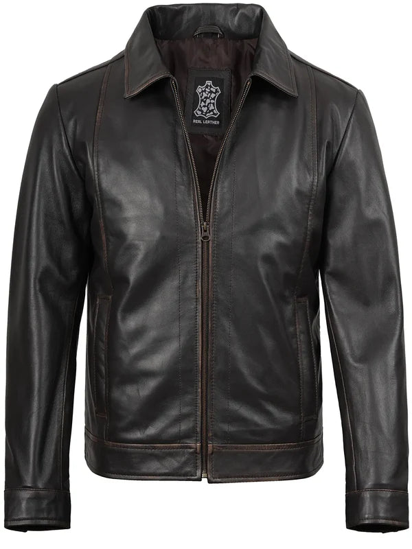 Mens Distressed Dark Brown Biker Style Leather Jacket