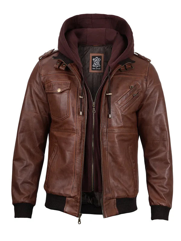 Edinburgh Mens Brown Bomber Leather Jacket With Removable Hood