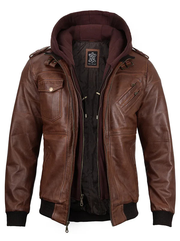 Edinburgh Mens Brown Bomber Leather Jacket With Removable Hood