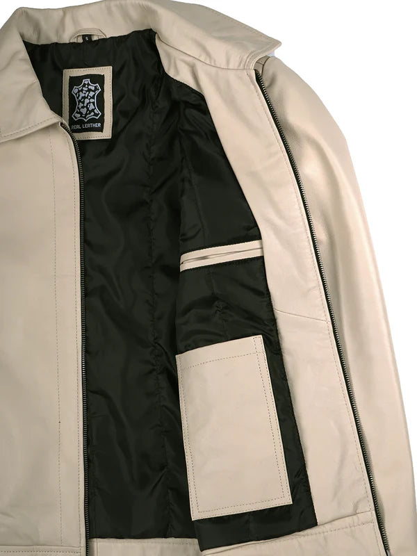 Men's Beige Real Leather Harrington Jacket