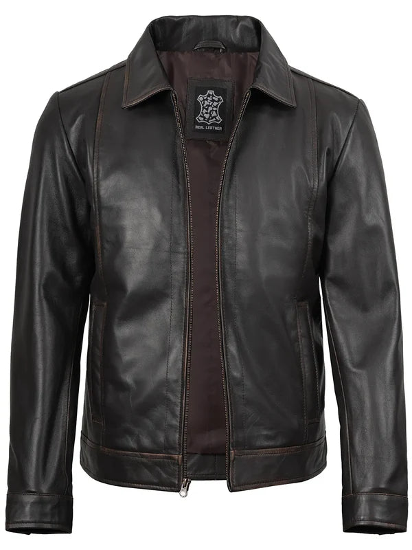 Mens Distressed Dark Brown Biker Style Leather Jacket