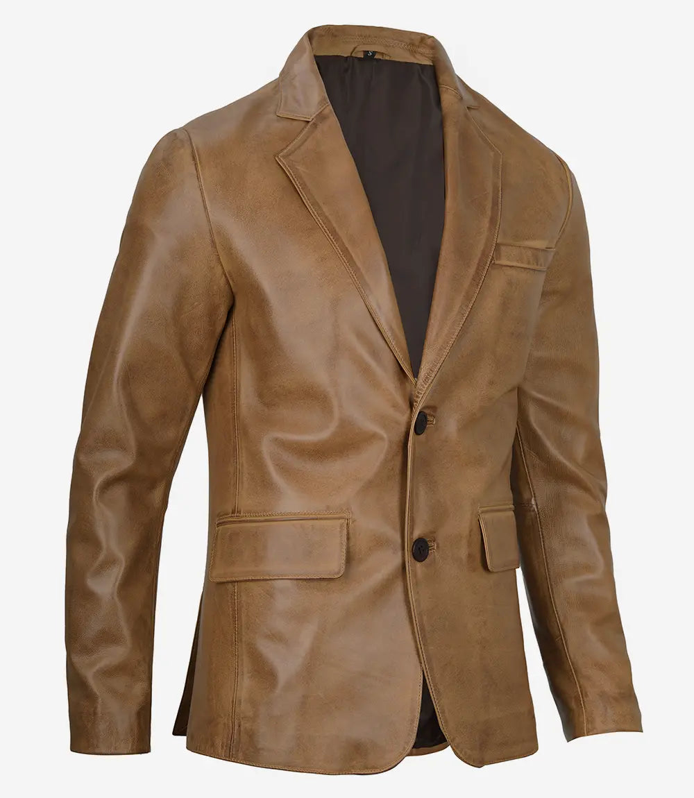 Mens Two Button Camel Brown Leather Blazer