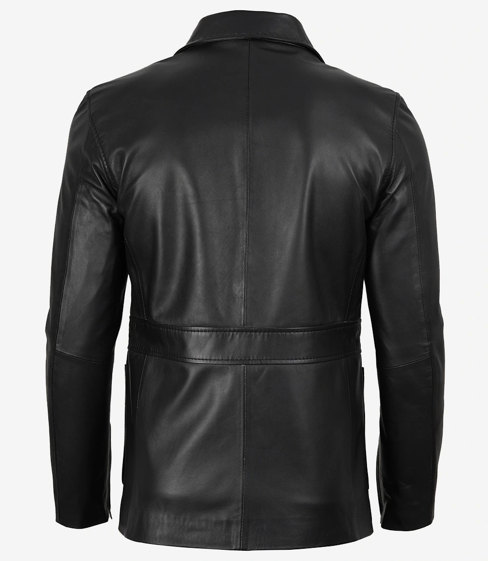 Mens Two Button Black Leather Blazer - Notch Lapel