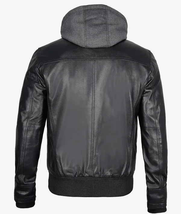 Mens Black Bomber Leather Jacket with Removable Hood