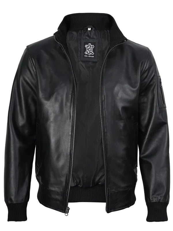 Mens Black Real Cowhide Leather Bomber Jacket