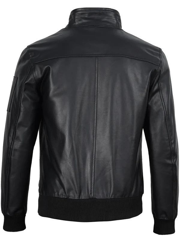 Mens Black Real Cowhide Leather Bomber Jacket