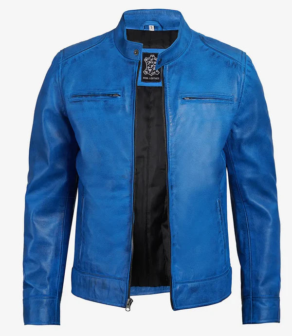 Dodge Men's Cafe Racer Blue Leather Jacket