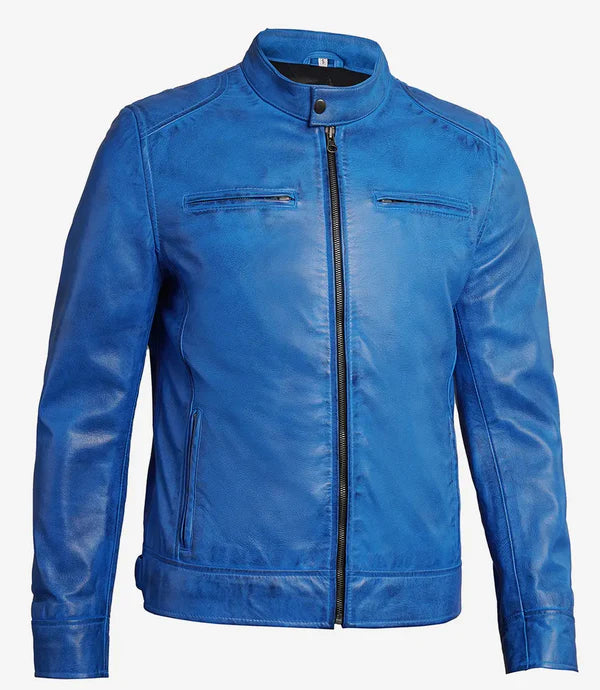 Dodge Men's Cafe Racer Blue Leather Jacket