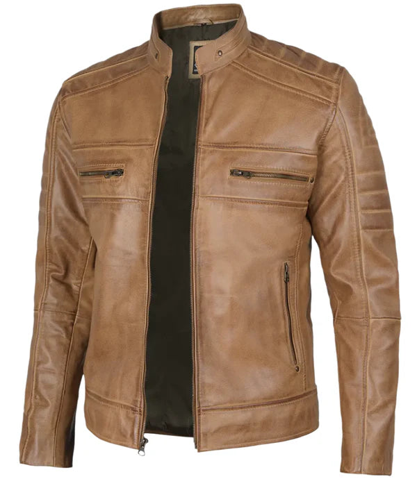 Austin Mens Distressed Tan Brown Cafe Racer Real Leather Jacket