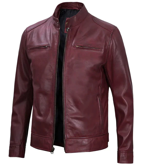 Dodge Men's Burgundy Cafe Racer Leather Jacket