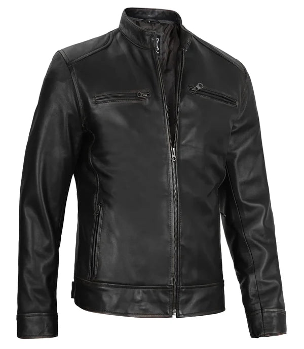 Dodge Men's Black Cafe Racer Leather Jacket