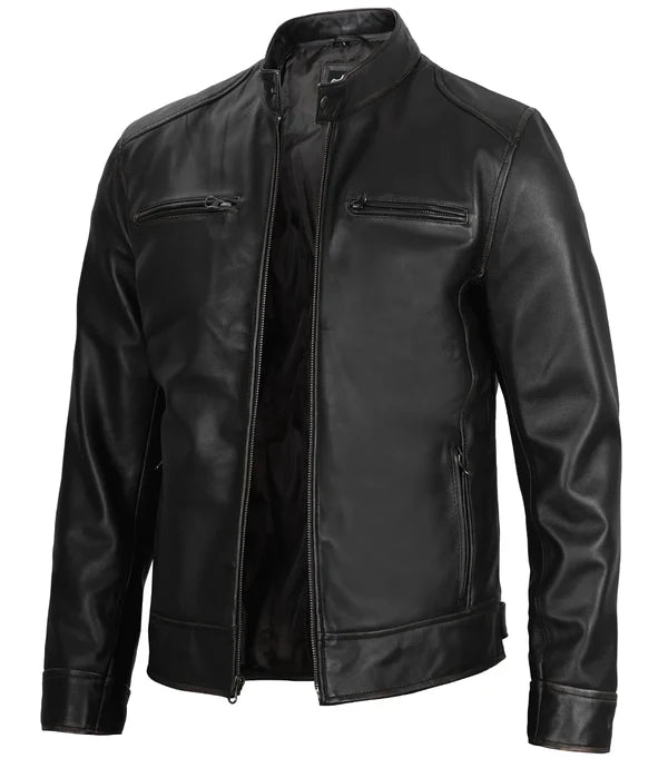 Dodge Men's Black Cafe Racer Leather Jacket