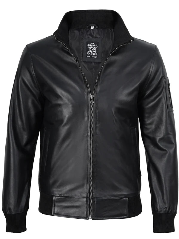 Mens Black Real Cowhide Leather Bomber Jacket