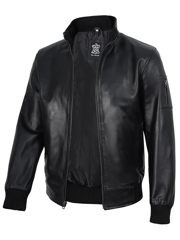 Mens Black Real Cowhide Leather Bomber Jacket