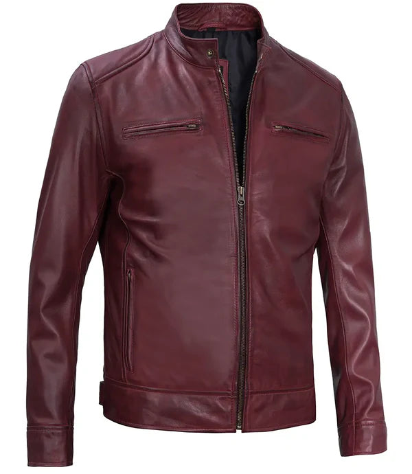 Dodge Men's Burgundy Cafe Racer Leather Jacket