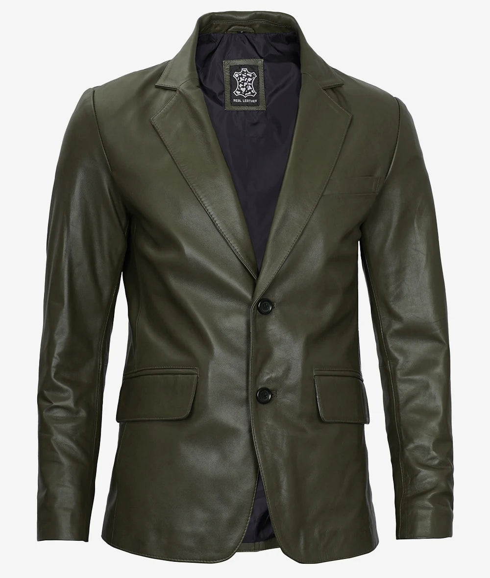 Mens Two Button Olive Green Leather Blazer