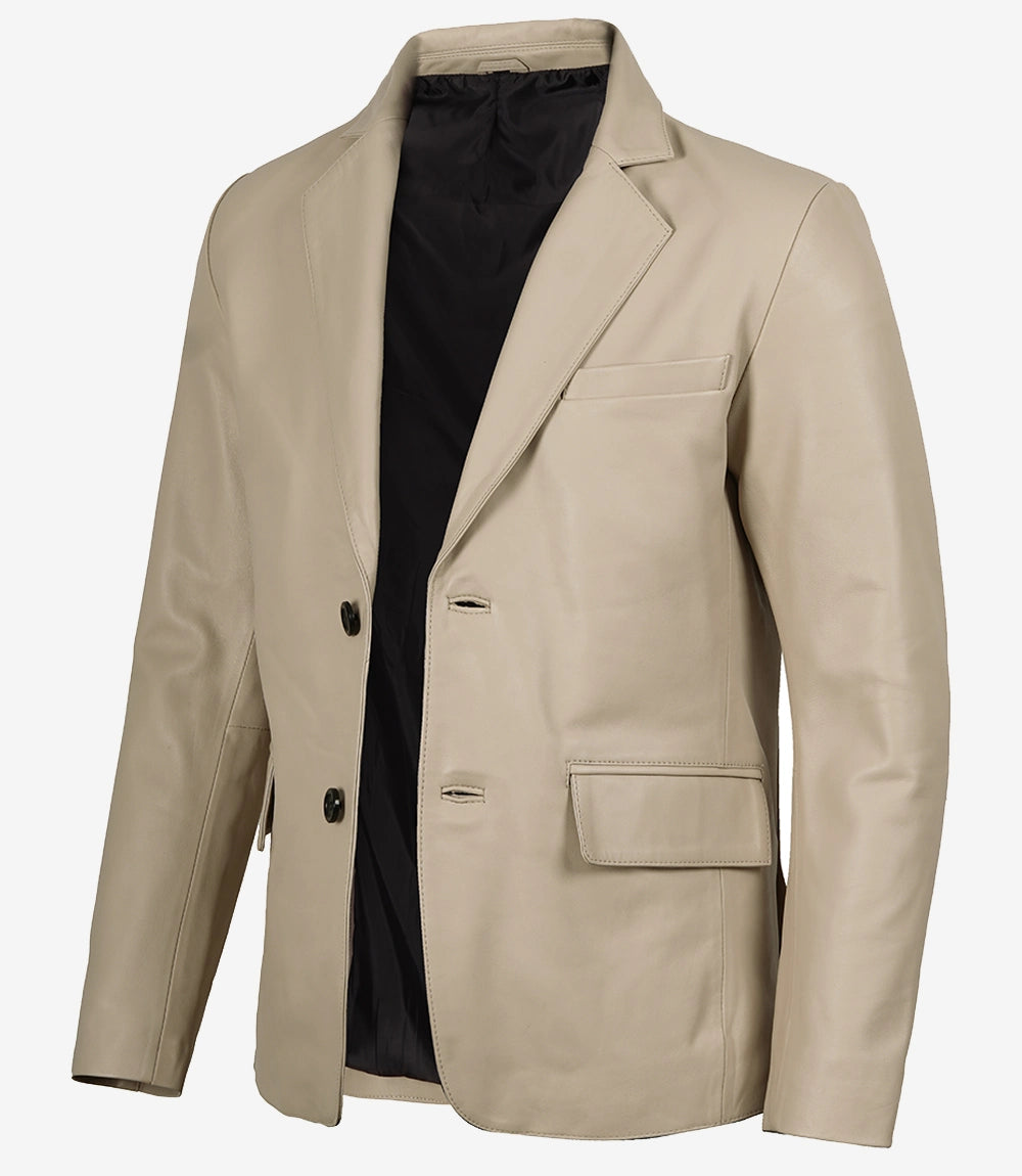 Mens Two Button Beige Leather Blazer - Notch Lapel