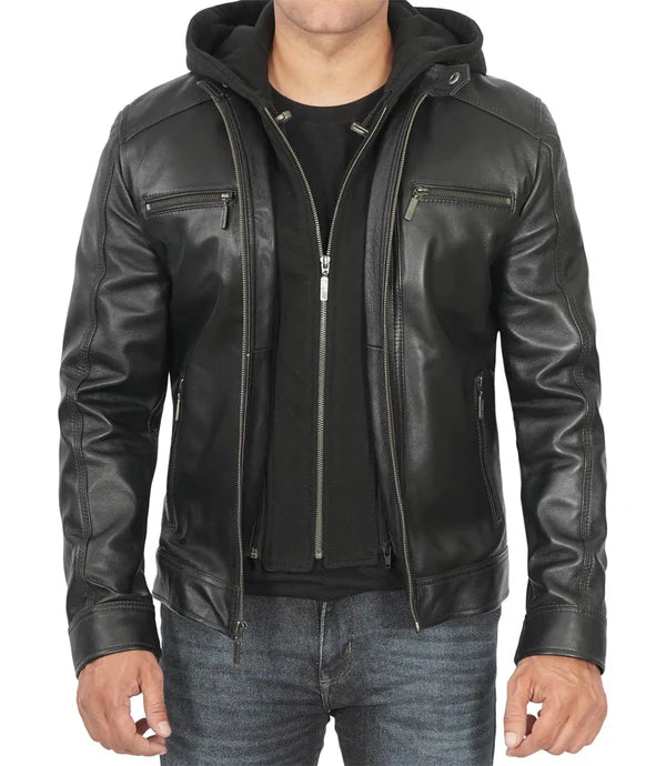 Merrill Men's Black Hooded Leather Jacket