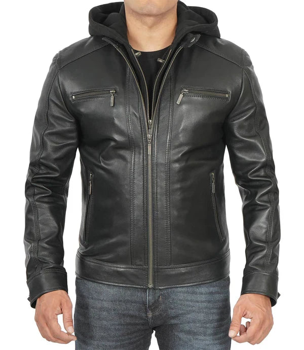 Merrill Men's Black Hooded Leather Jacket