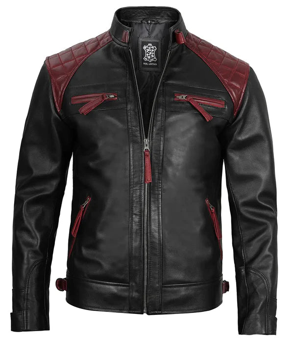 Rollins Men's Black and Burgundy Quilted Biker Style Jacket