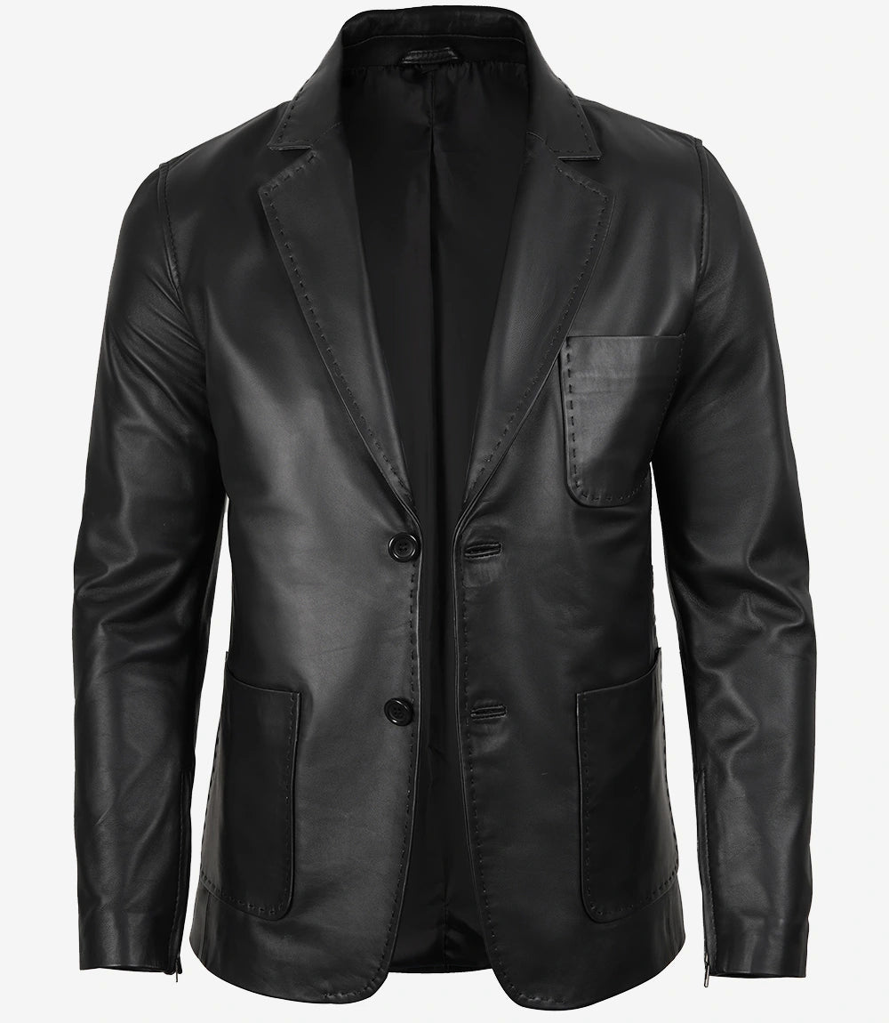 Mens Two Button Black Leather Blazer - Notch Lapel